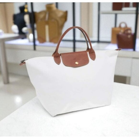 Longchamp White/Brown Nylon And Leather Le Pliage Tote - Picture 1 of 15